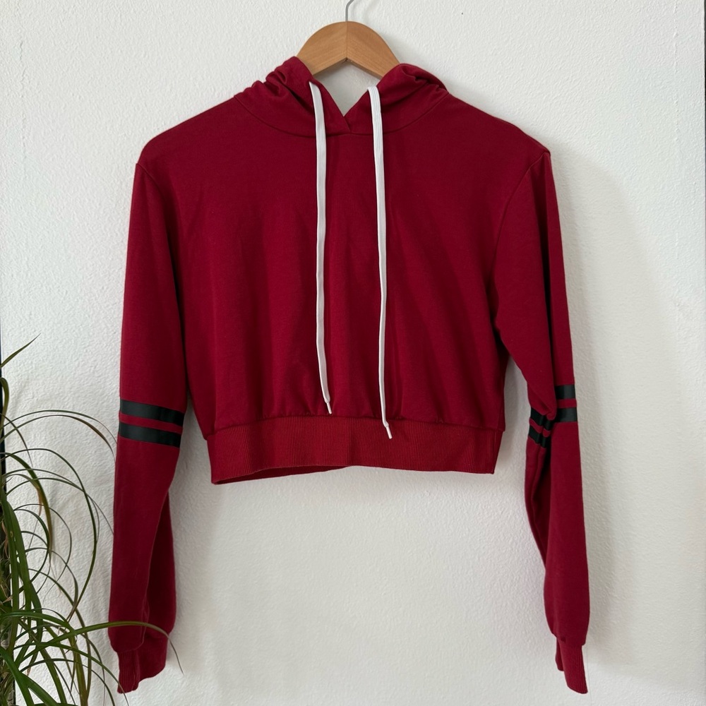 Red Cropped Drawstring Hoodie with Striped Sleeves